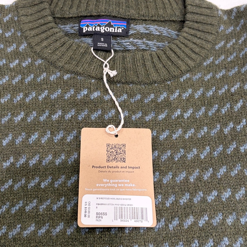 Patagonia Men's Small Recycled Wool Sweater Pine Needle Green NWT Crewneck - Picture 5 of 7